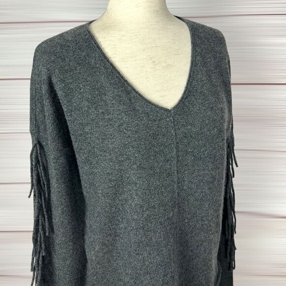 RAFFI Cashmere V-Neck Fringe Sleeve Boho Sweater Iron Gray Short Boxy Style M - Picture 5 of 10